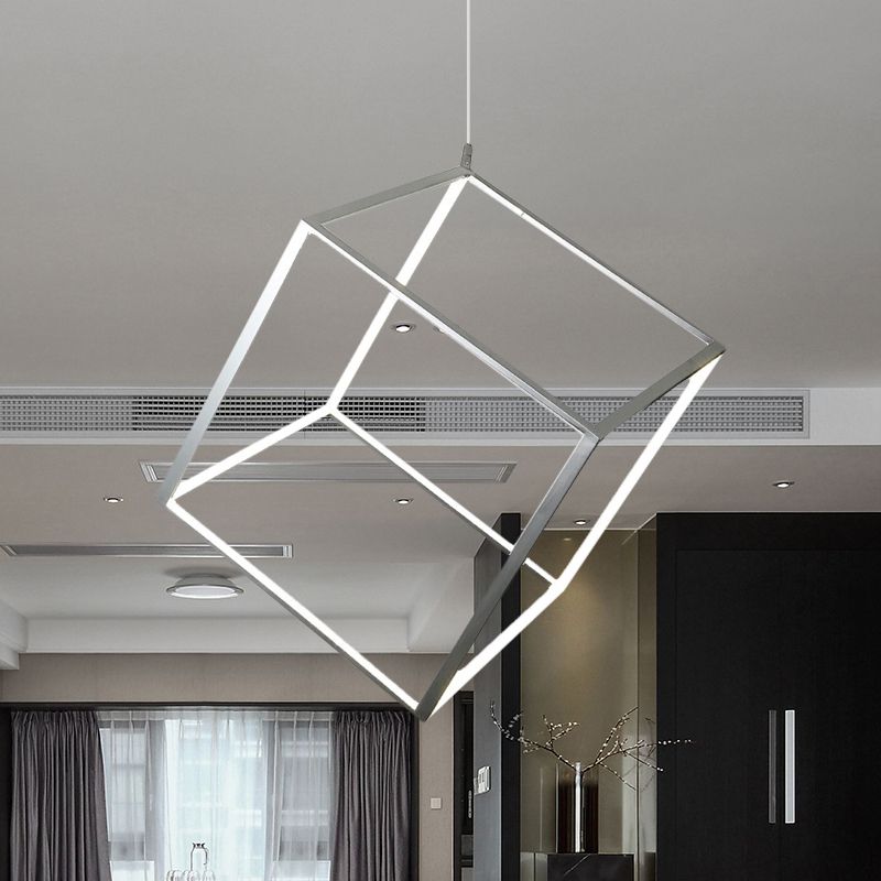 Aluminum Cubic Frame Chandelier Minimalist Gold/Silver LED Hanging Ceiling Light in Warm/White Light for Living Room