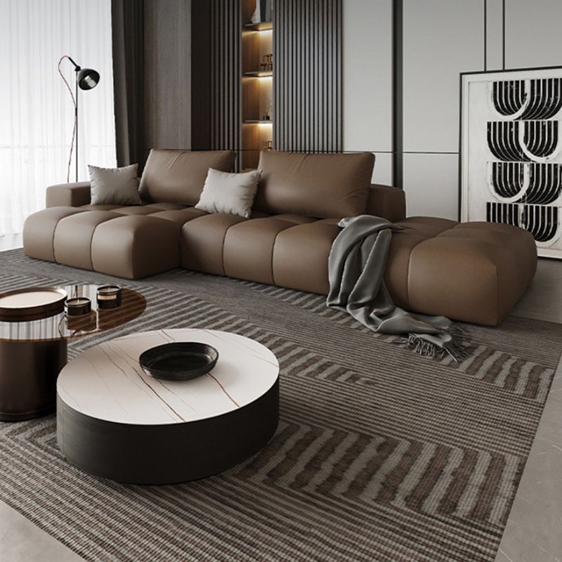 Dark Brown Faux Leather Sectional Stain-Resistant One Arm Sectional for Living Room