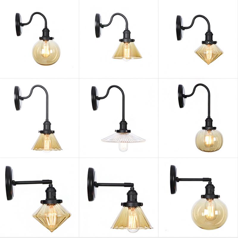 1-Licht-Schwanenhalswandlampe Vintage Küchenwandhalterung Licht mit Kugel/Diamant/Kegel klar/Bernsteinglas Schatten in Schwarz