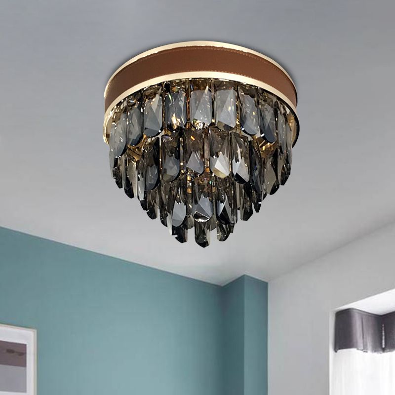 Tiered Flush Mount Lamp Modern Smoke Gray Crystal 6 Bulbs Living Room Close to Ceiling Light