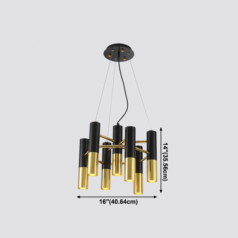 Postmodern Black-Gold Chandelier Metal Tubular Living Room Suspension Light