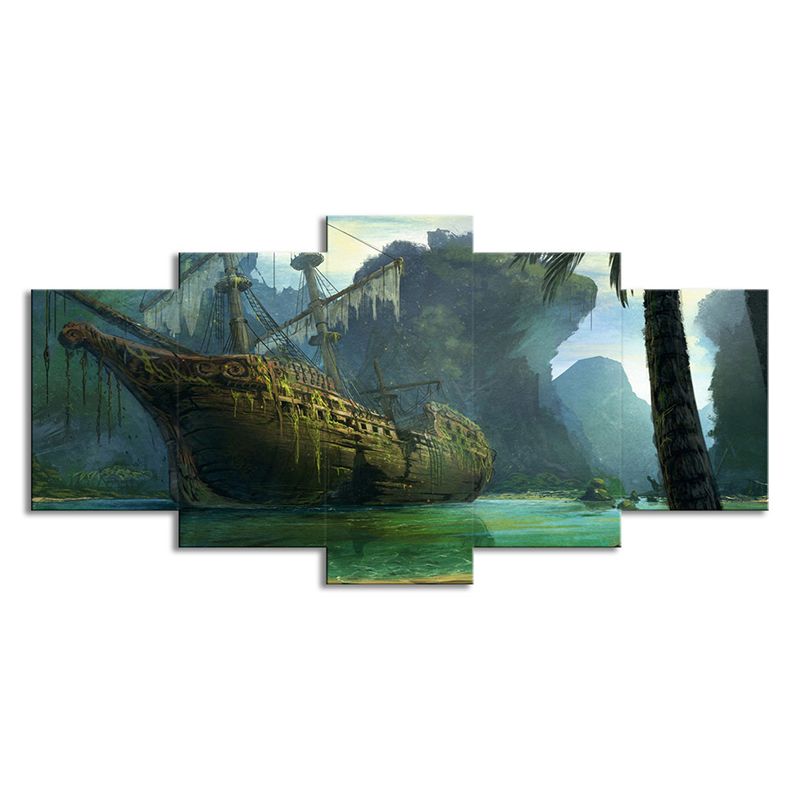 Green Shabby Sailboat Canvas Print Fantasy Kids Style Multi-Piece Wall Art for Home