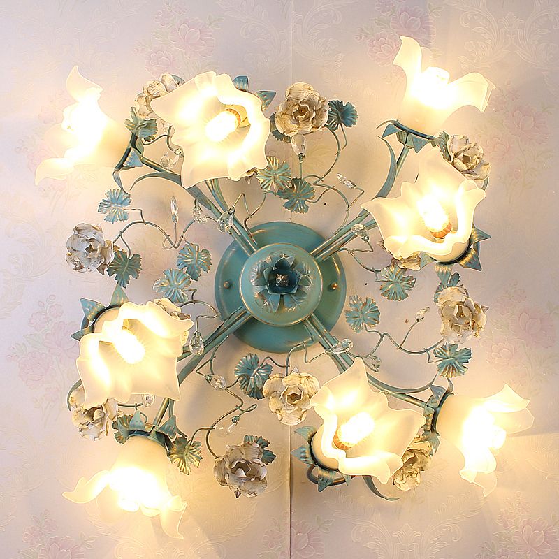 Blue 6/8 Bulbs Semi Flush Ceiling Light Pastoral Style Flower Frost White Glass Ceiling Lamp for Bedroom
