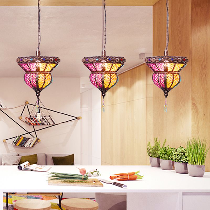 1-Head Metal Suspension Lamp Traditional Rust Urn Shaped Restaurant Pendant Ceiling Light