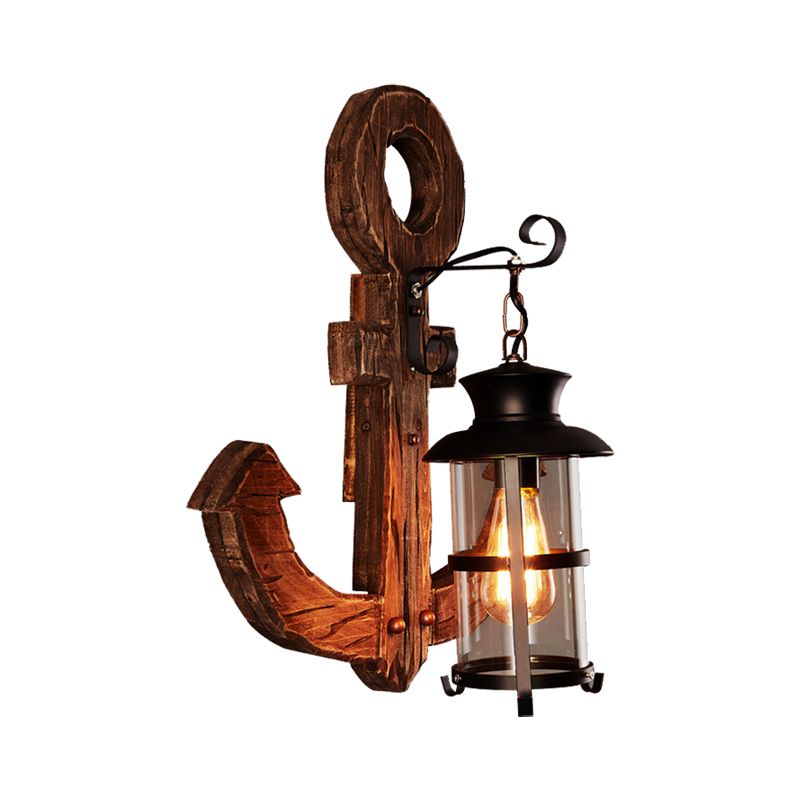 Bronze One Light Sconce Light Industrial Clear Glass Cylinder Wall Lighting Fixture with Cage and Wooden Anchor Backplate