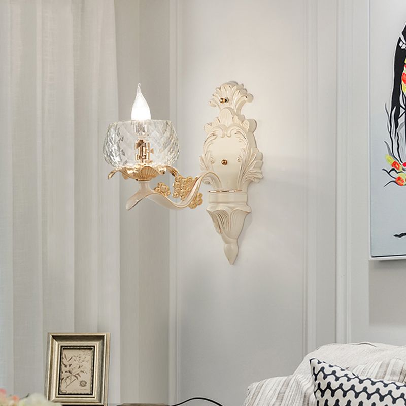 Carved Arm Wall Light Sconce with Clear Glass Bowl Lampshade Vintage 1/2 Bulbs Wall Mount Light in White