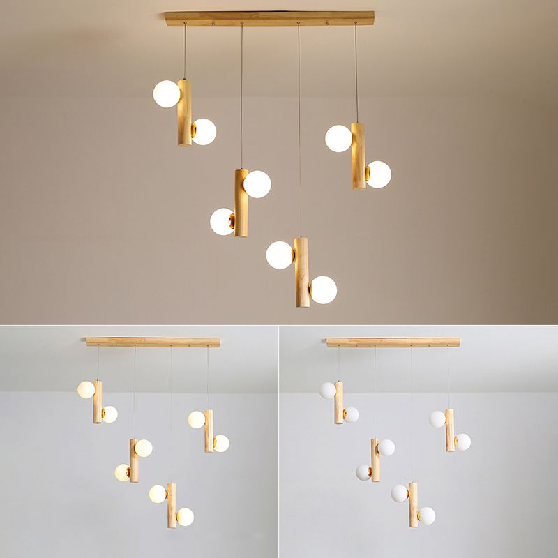 Contemporary Modo Suspension Light Cream Glass Dining Room Multi Light Pendant in Wood
