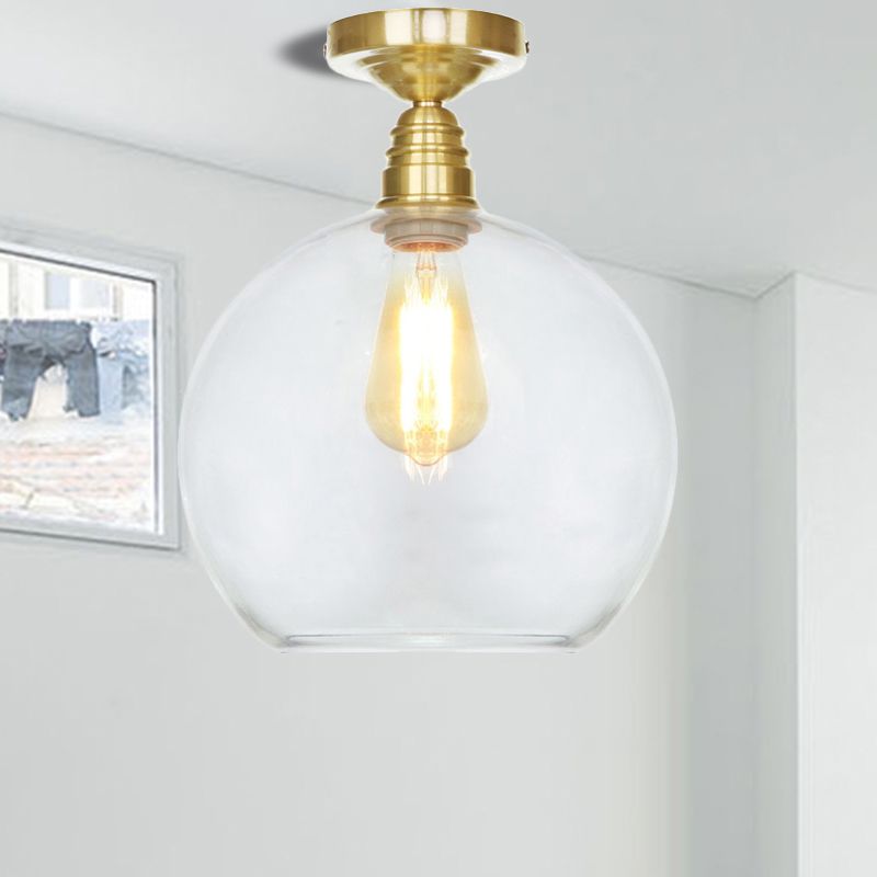 1 Light Spherical Semi Flush Light Brass Industrial Clear/Amber Glass Ceiling Mount, 8"/10"/12" Wide