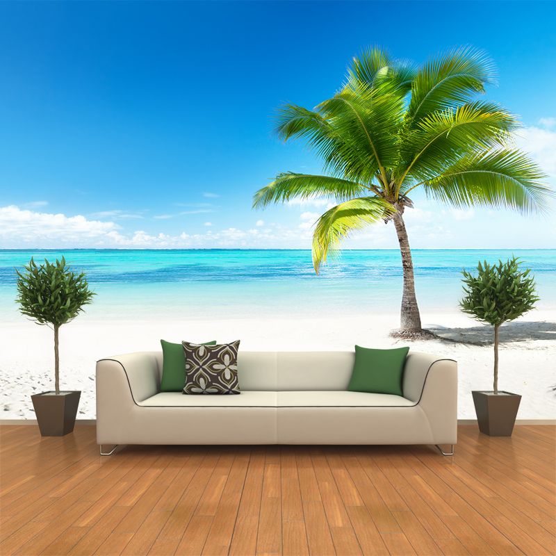 Blue-Green Tropical Wallpaper Murals Customized Coastal Palm Tree Wall Decor for Home