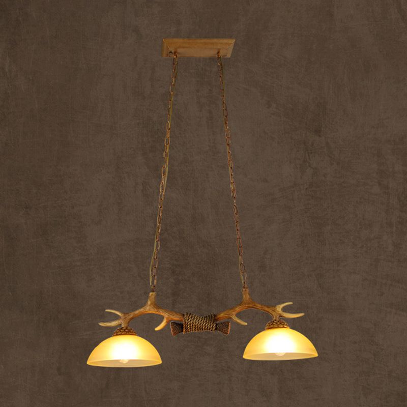 2 - Light Kitchen Island Light Wood & Dome Glass Shade Ceiling Pendant with Antlers Accent