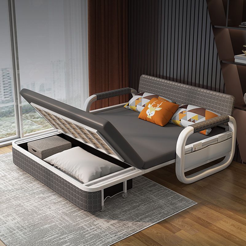 Faux Leather Square Arm Sleeper with Storage Scandinavian Futon Sleeper Sofa Bed in Gray