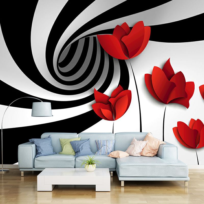 Minimal Flower Whirling Wall Mural Black-Red Water Resistant Wall Art for Living Room