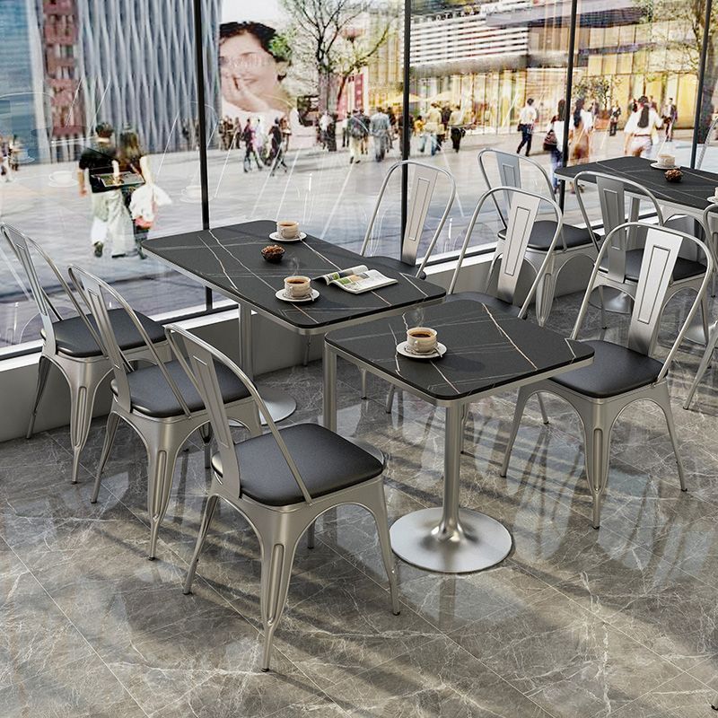Mesa de comedor de piedra sinterizada de estilo industrial, mesa cuadrada y rectangular con base metálica para el hogar