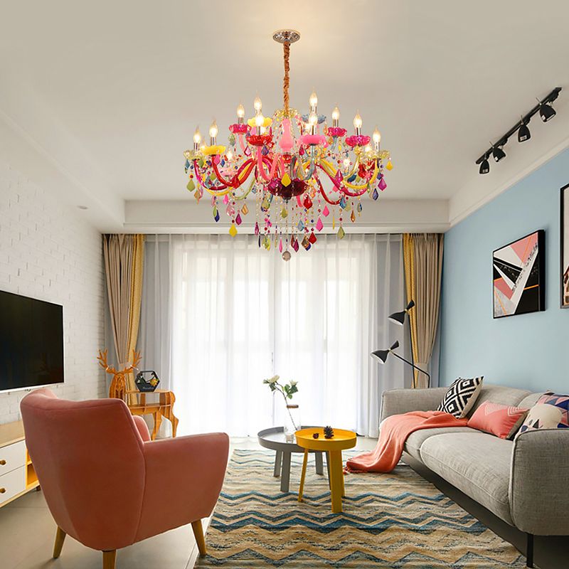 Colorful Candlestick Suspension Lighting Macaron Style Chandelier for Living Room