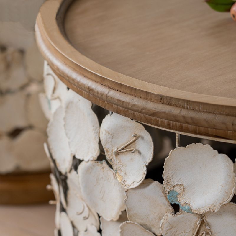 Rustic Solid Wood Round Top Distressed Drum End Table with Metal Base