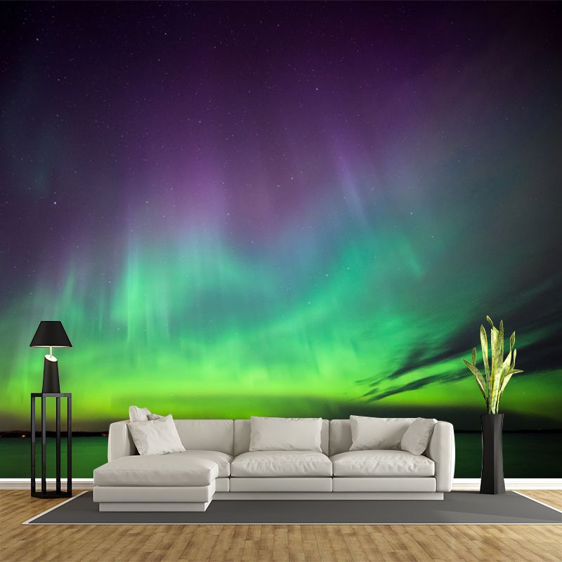 Draping Aurora over Lake Mural Wallpaper Purple-Green Nordic Wall Decor for Living Room