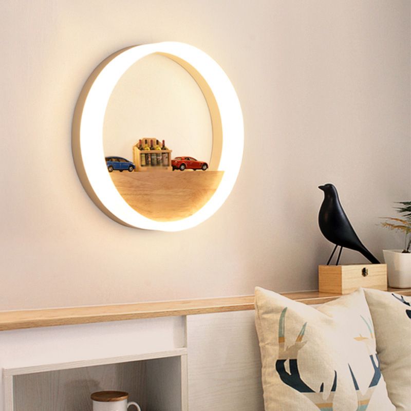 Iluminación en forma de acrílico O iluminación minimalista Luz de pared LED con estante de madera