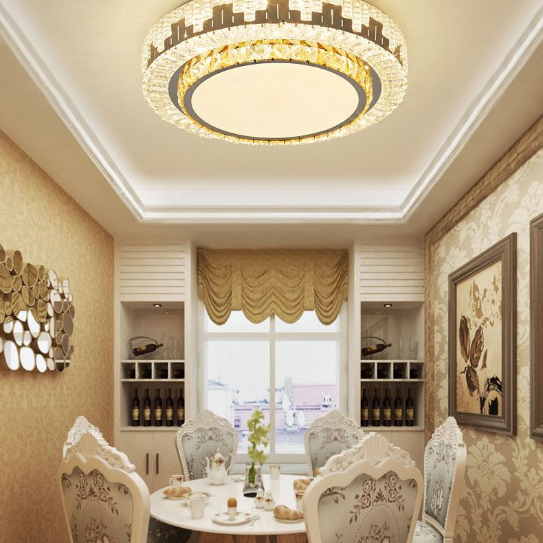 Silver Circular LED Flush Mount in Modern Luxury Style Wrought Iron Ceiling Light with Crystal Shade