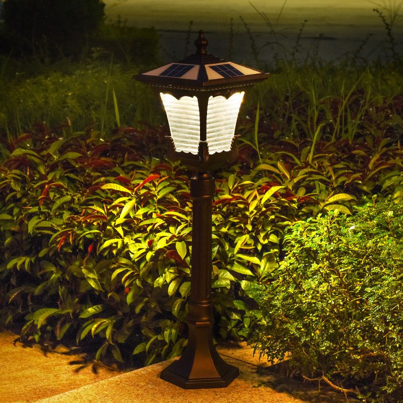Flared Square Ribbed Glass LED Path Light Vintage Courtyard Solar Landscape Lighting in Coffee