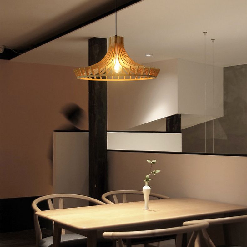 Cage Shaped Wooden Pendant Minimalism 1 Bulb Beige Suspension Lighting for Restaurant