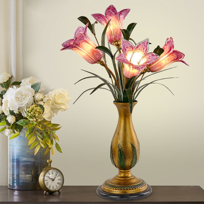 White/Purple Glass Floral Table Light Traditional-Style 4 Lights Bedroom Nightstand Lamp