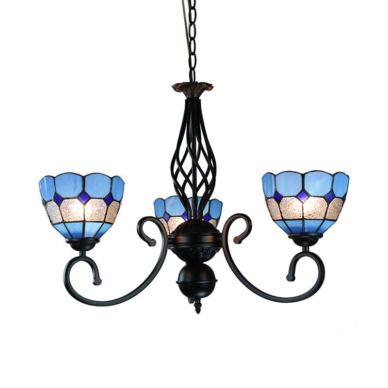 Mediterrane kom hanglamp met gebogen arm blauw glas 3 lichten foyer kroonluchter