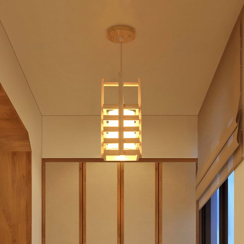 Lámpara colgante de madera cuboide asiático 1 bulbo de lámpara colgante beige con mango cruzado