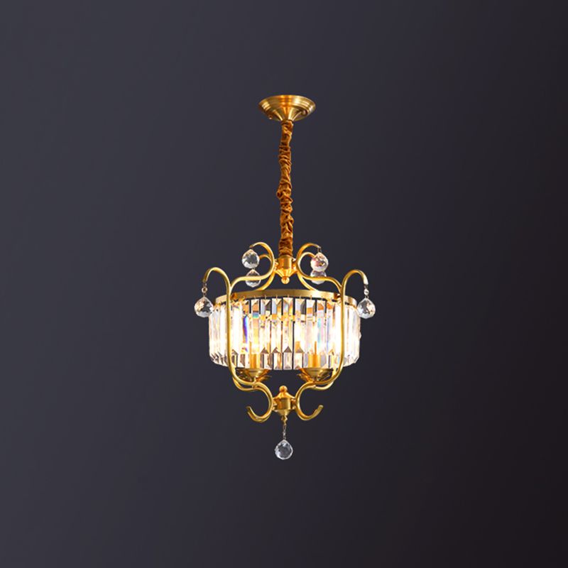 Gold Drum Shaped Suspension Lighting Traditional Crystal 4-Bulb Restaurant Chandelier Light