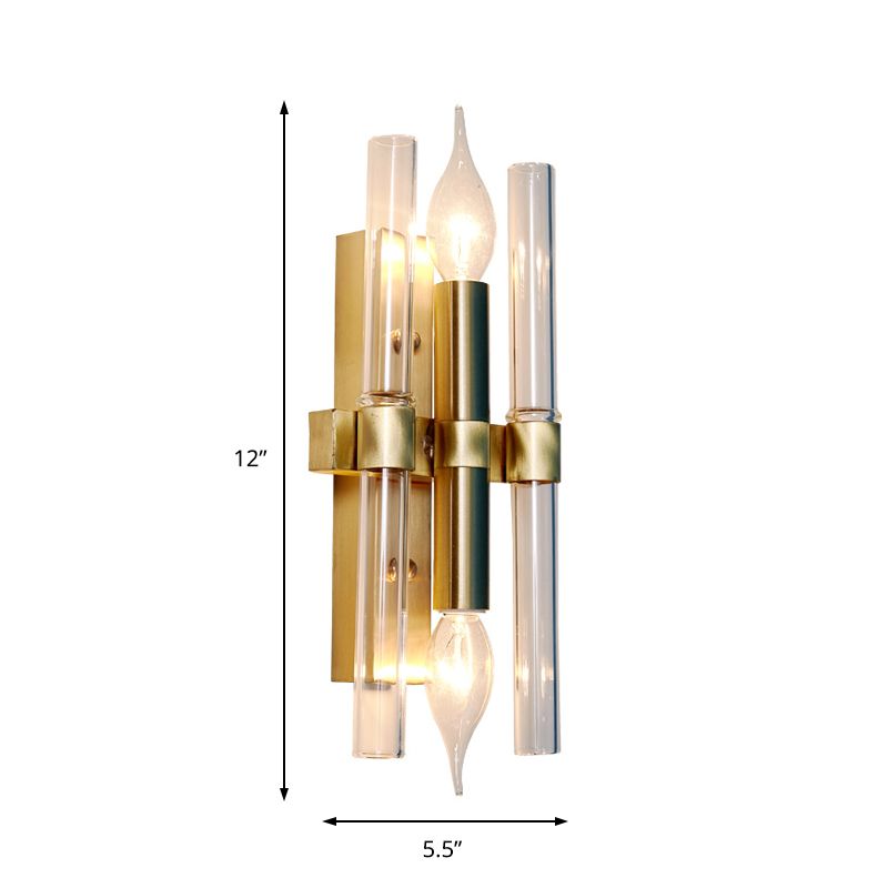 2 Bulbs Candle Wall Sconce Vintage Style Metal Sconce Lighting with Clear Crystal Pipe in Brass Finish