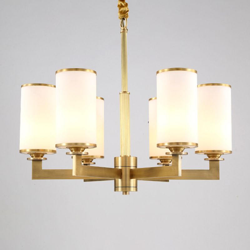Traditional Brass Cylinder Chandelier Lamp Glass Shade Multi-light Hanging Light Fixtures