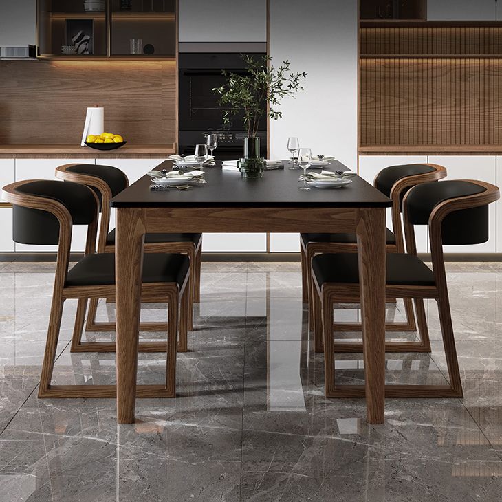 Modern Rectangle Dining Table Black Stone Top Dinette Table with Wooden Legs