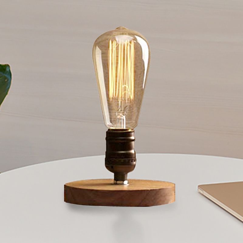 Wooden Circular Base Table Light with Exposed Bulb Farmhouse 1 Light Bedside Standing Lamp in Brass