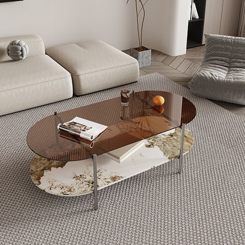 15.74" H Oval Glass Coffee Table Stainless Steel Sled Cocktail Table with Shelf