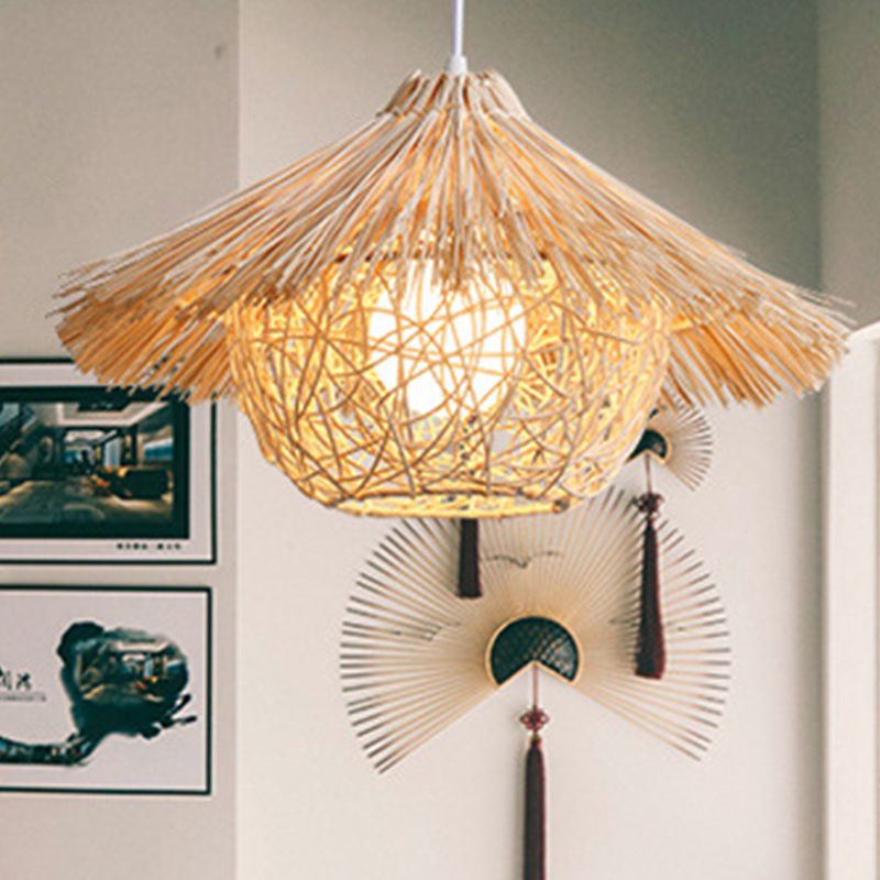 Beige Nest Suspension Pendant Light Asia-Style Rattan Pendant Light Fixture for Restaurant