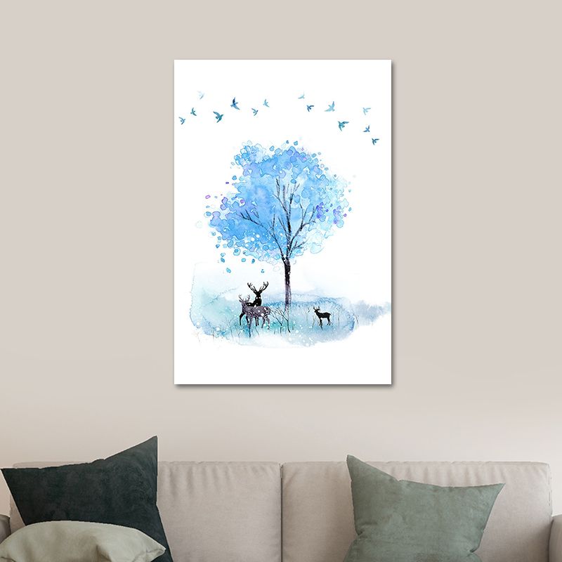 Deer and Tree Watercolor Canvas Print Textured Kids Style Bedroom Wall Art
