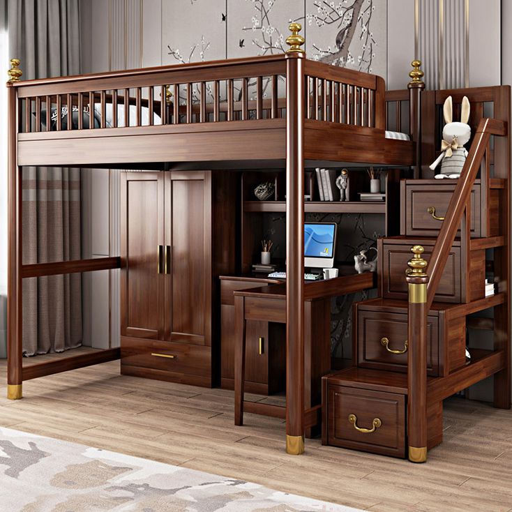 Solid Wood Loft Bed with Storage Scandinavian Brown Kids Bed with Open Frame
