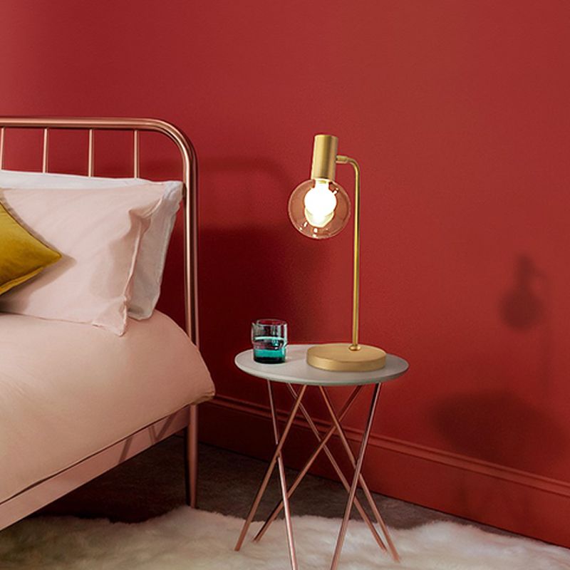 Lujosa lámpara de mesa de 1 luz, iluminación nocturna esférica dorada con pantalla de cristal transparente/gris humo para dormitorio