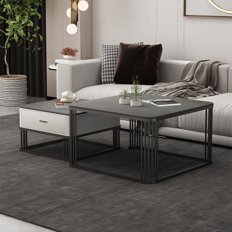Square Black Stone Coffee Table Frame 2 Nestling Cocktail Table with Storage