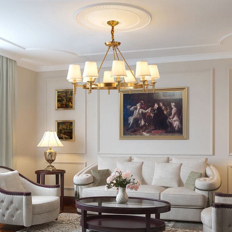 Post-Modern Circular Hanging Chandelier Light White Fabric Shade Ceiling Chandelier in Gold for Living Room