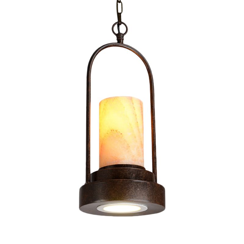 Marble Cylinder Pendant Lamp Factory 1-Bulb Dining Room Hanging Lighting in Rust with Metal Ring Deco