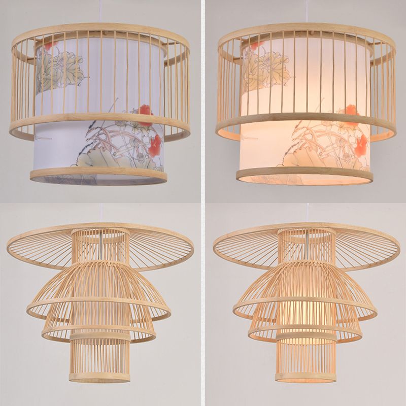 Asia Lantern Pendant Lighting Bamboo 1 Bulb Restaurant Hanging Light in Wood