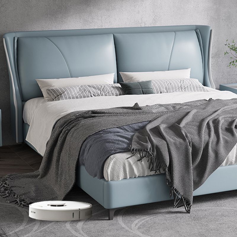 Modern Genuine Leather Panel Bed Pine Wood Bed with Upholstered Headboard