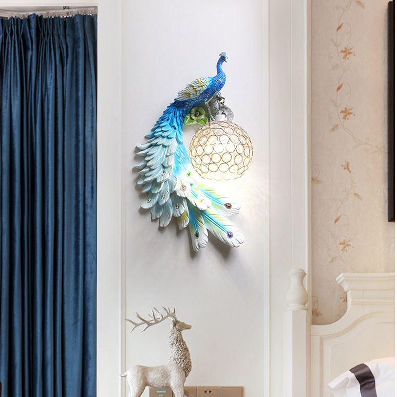 Peacock Wall Sconce Art Decor Resin 1-Light Living Room Wall Lamp with Spherical Crystal Shade