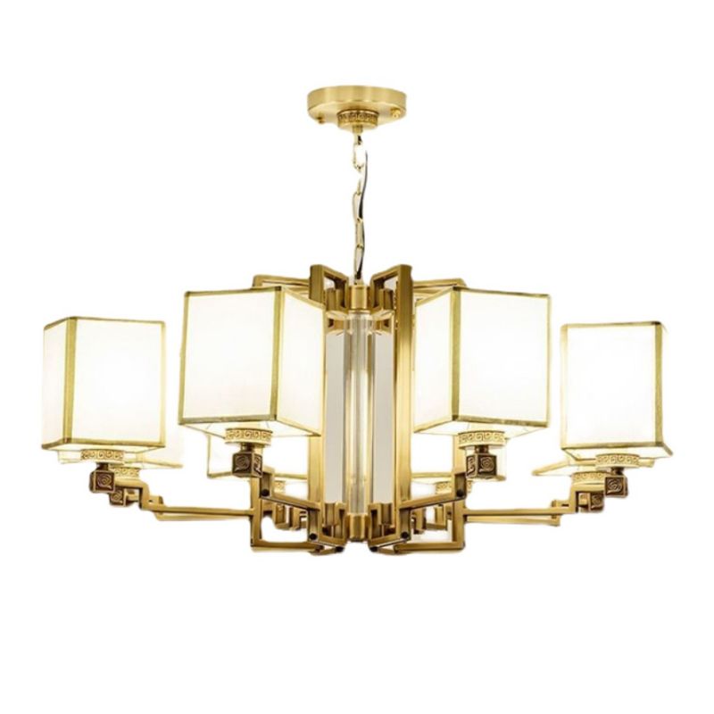 Brass Square Suspension Light Traditional Fabric Lobby Chandelier Light Fixture