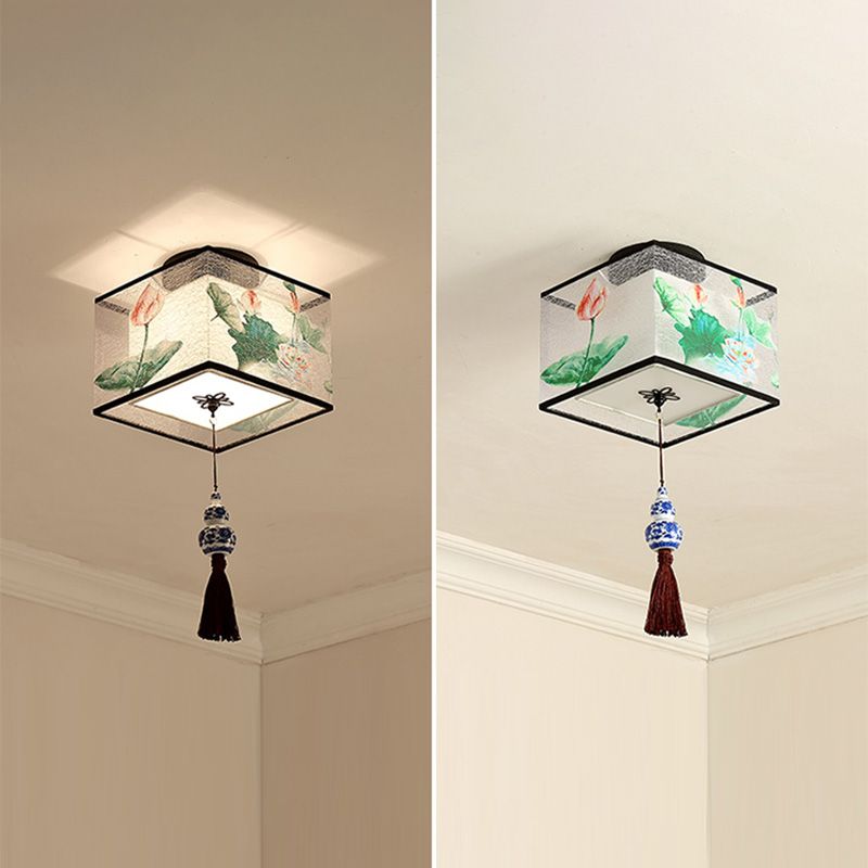 Quadratisch/Rund Flush Mount Licht Stoff Schatten Chinesische Stil Bündig Deckenleuchte
