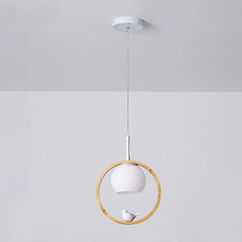 Moderne artistieke single hanging lamp houten bol hanglamp met witte glazen schaduw