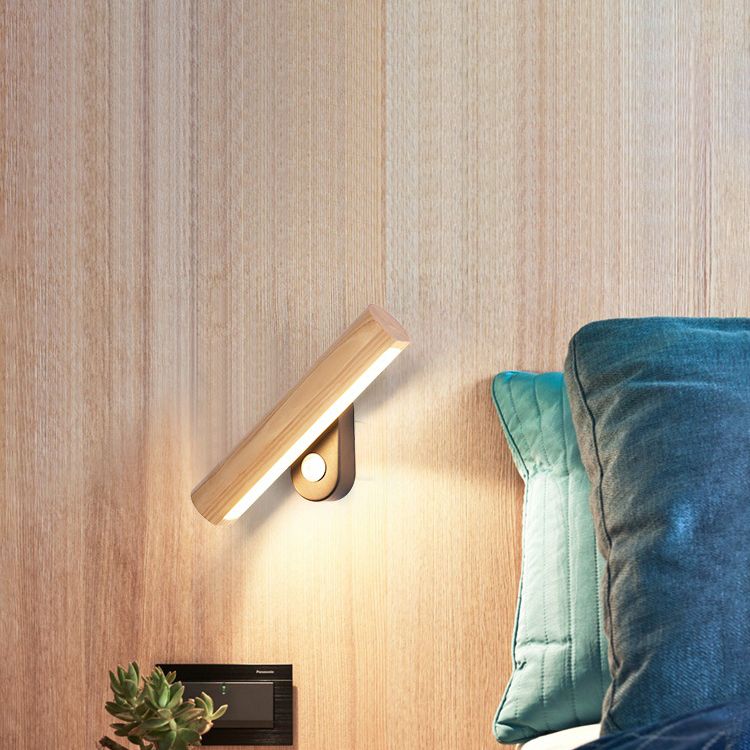 1-Light Cylindrical Wall Sconce Modern Style Wood Wall Mount Light Fixture for Bedroom