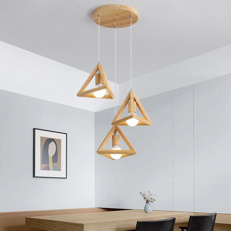 Geometric Dining Room Pendant Light Fixture Wooden Minimalist Hanging Lamp in Beige