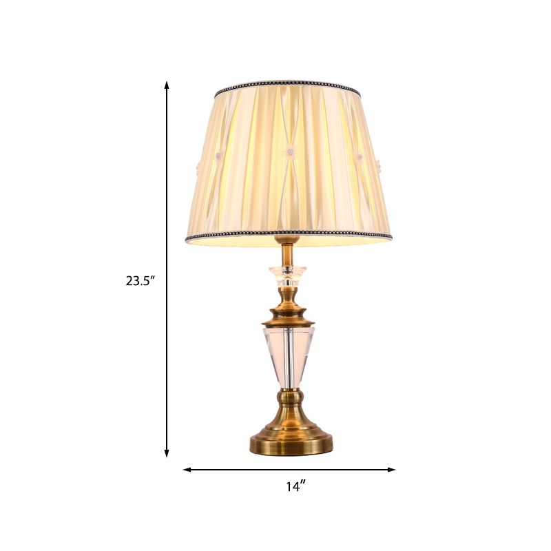 Lámpara de mesa de noche modernista de 1 cabezal, color beige claro, con tambor cónico y pantalla de tela
