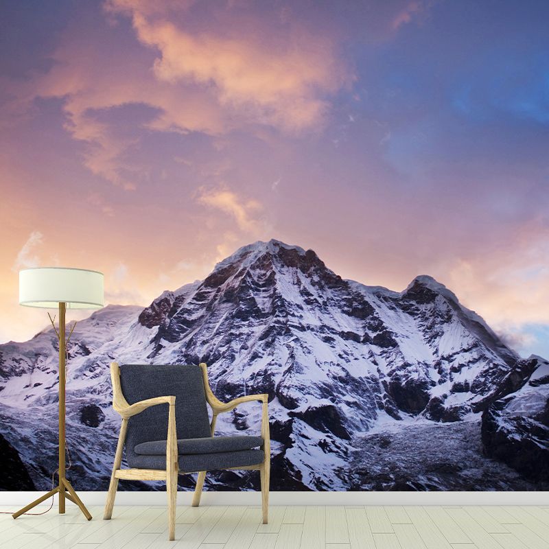 Orange-Blue Sunset Wallpaper Mural Snow Mountain Modern Washable Wall Covering for Home